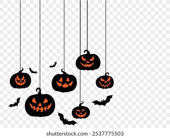Halloween hanging pumpkins with bats on a transparent background. Ideal for spooky decorations, party invites, and Halloween-themed designs.