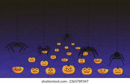 Halloween Hanging Spiders And Pumpkins Vector Background.