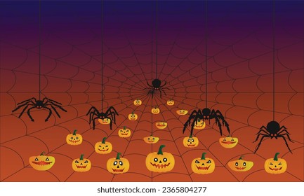Halloween Hanging Spiders And Pumpkins Vector Background.