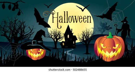 Halloween. Happy Halloween 2022 fantasy illustration with Halloween pumpkin, bat, spider web, trees, House, moon, witch woman Halloween Holiday. Party background, thanksgiving, kids, trick or treat. 