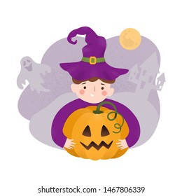 Halloween. Happy boy holding pumpkin and wearing witches hat. Background with Castle ghost, moon. Vector illustration in cartoon style. Card or poster for holiday or party