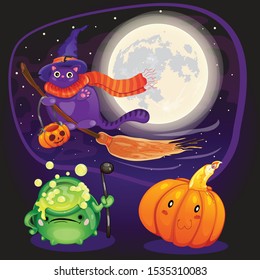 Halloween. Happy Halloween. Cat on the broom. Pumpkin with candle. Cauldron. Vector.
