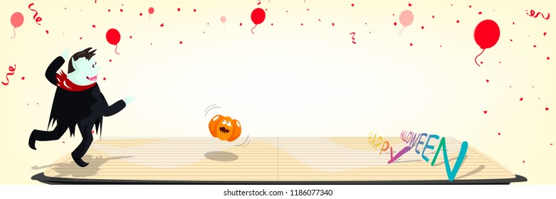 Halloween, happy celebration party holiday, bowling concept, vampire rolling pumpkin playful with confetti fall on the floor background cartoon vector illustration in long horizontal