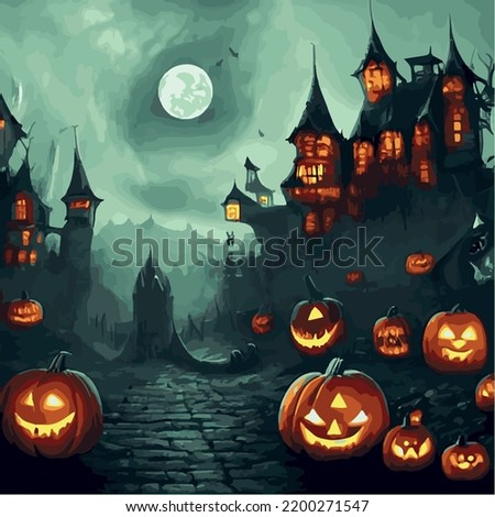 Halloween. Happy Halloween Fantasy Illustration with Halloween pumpkin, trees, house, moon on the background of old gothic castles. Fantasy poster for halloween