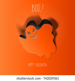Halloween. Happy Halloween. Ghost with a smile cut out of paper