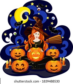 Halloween. Happy girl in a witch costume and a hat on her head. She is holding a pumpkin in her hands. Around her, funny pumpkins, eyes, stars, the moon, bats fly. Colorful vector illustration