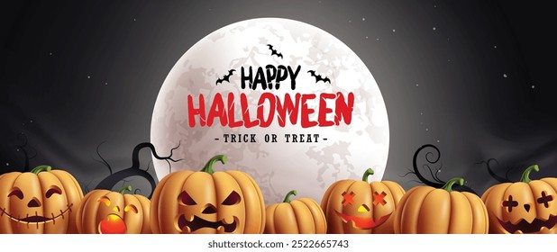 Projeto de banner de vetor de texto de saudação feliz de Halloween. Halloween truque ou tratar com abóboras jack o lanterna personagens em fundo noite lua cheia. Banner de cartão de festa de férias com ilustração vetorial. 
