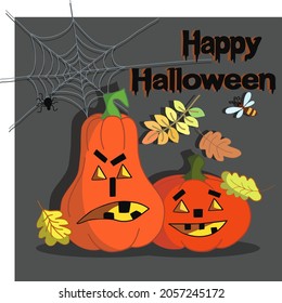 Halloween. Happy Halloween illustration with pumpkins, cobwebs and falling leaves, on an atmospheric dark background with beautiful text.  Can be used as a postcard, invitation, banner, poster. Vector