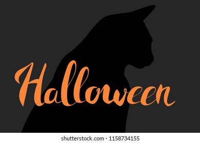 Halloween. Happy Halloween. Orange. Vector EPS 10. background for Halloween banner. Holiday, October. Calligraphy, lettering, inscription, title, table of contents, letters. Black cat
