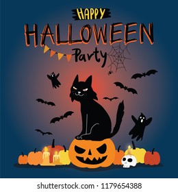 Halloween happy party invitation with black cat smile evil sitting on the orange pumpkin or jack o lantern and skull candle on it shing in the dark night around with bats and spooky flying in the sky