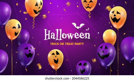 Halloween happy party scary, fun, creepy faces on balloons 3d vector illustration. Trick or treat text