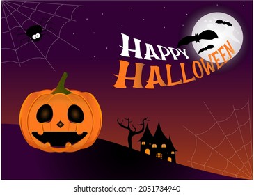 
Halloween. Happy pumpkin. Bats and spiders. Halloween celebration card Full moon. Haunted house.