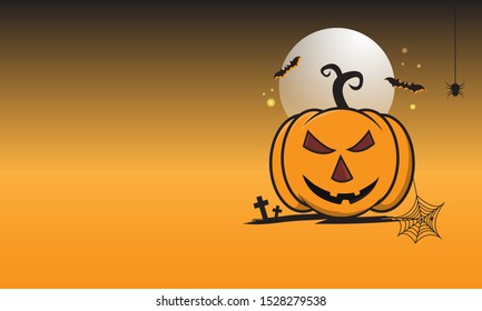 Halloween, Happy Halloween, Pumpkin single under the moon with bats and spiders, Scary darkness background, Vector illustration, Halloween banner website, Template design holiday