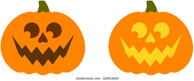 Halloween happy pumpkin vector icons set, Emotion Variation. Simple flat style design elements. Set of silhouette spooky horror images of pumpkins. Scary Jack-o-lantern facial expressions. 