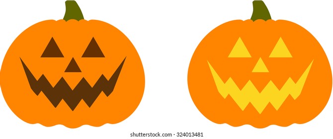 Halloween happy pumpkin vector icons set, Emotion Variation. Simple flat style design elements. Set of silhouette spooky horror images of pumpkins. Scary Jack-o-lantern facial expressions. 