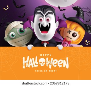 Halloween happy text vector template design. Happy halloween greeting card with creepy mummy, spooky dracula and scary witch characters holding yellow space for typography. Vector illustration trick 