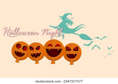 Halloween happy time . Trick or treat vector card. Halloween background with bat and witched.