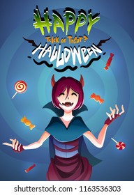 Halloween happy witch in falling rain candy.A girl in a witch costume with demon horns celebrates Halloween on a blue background.