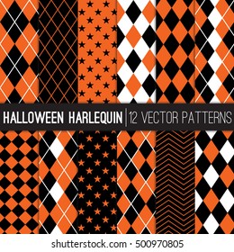 Halloween Harlequin Vector Patterns in Orange and Black Argyle, Diamond, Checkers, Chevron and Stars. Pattern Swatches Made with Global Colors.