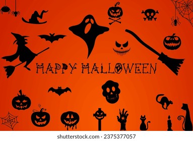 Halloween has brooms spiders cobwebs witches bats pumpkins zombie hands black spiders candles ghost masks spirits