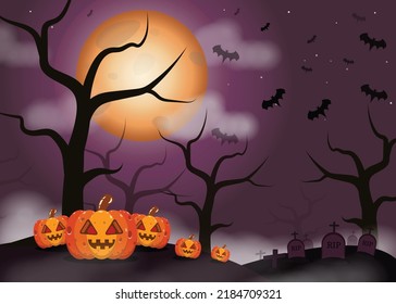 Halloween has an orange round moon. Devil's Pumpkin Below the Leafless Tree Gravestone and cross on the side bats flying in the sky In the picture, there are clouds and fog covered.  