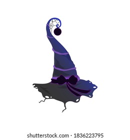 Halloween hat or cap for witch costume to perform carnival, wizard cartoon decoration for october holiday. Vector illustration