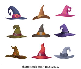 Halloween hat. Cap for witch scary symbols for halloween party celebration fashioned black female clothes vector illustrations