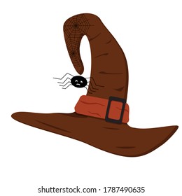 Halloween hat in cartoon style on a light background. Holiday decoration. Fantasy flat illustration with Halloween hat cartoon for celebration decoration design. Vector illustration object.