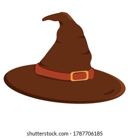 Halloween hat in cartoon style on a light background. Holiday decoration. Fantasy flat illustration with Halloween hat cartoon for celebration decoration design. Vector illustration object.