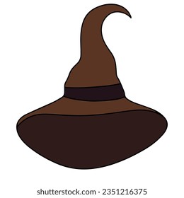 Halloween hat colored outline isolated on white background. Witch hat hand drawn in doodle style for decoration. Vector illustration.