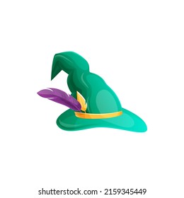 Halloween hat of cone shape with ribbon and color feathers isolated cartoon icon. Vector witch wizard, fairy cap, magic headwear for Halloween holiday party carnival costume accessory, mystery hat