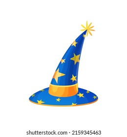 Halloween hat of cone shape with stars and golden ribbon isolated cartoon icon. Vector , witch wizard, fairy godmother cap decorated with stars. Magic headwear for Halloween holiday design