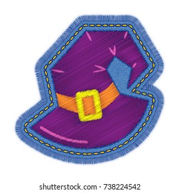 Halloween hat embroidery design. Print vector color graphic illustration. Decorative element needlework, patch, badge, print, sticker, web design. Pattern on jeans texture with art stitch and fringe