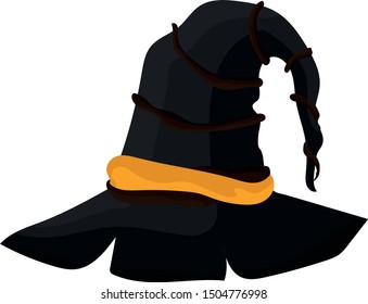 Halloween, hat icon. Witch hat. Black witch hat and yellow buckle isolated on white background. Design element for Halloween. Vector illustration 