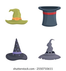 Iconos del sombrero de Halloween fijados Vector de dibujos animados. Sombrero de mago viejo o hechicera. Gorros mágicos