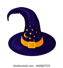 Ilustración de sombrero de Halloween de estilo plano. Sombrero de bruja sobre fondo blanco con decoración de luna y estrellas.