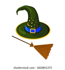 Halloween hat illustration in flat style with moon and stars decoration. Witch's hat and broom on white background.