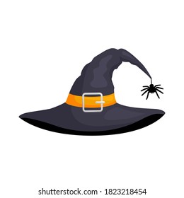 Halloween hat isolated on white background. Black wizard cap. Vector illustration on the theme of witchcraft, magic, witches.