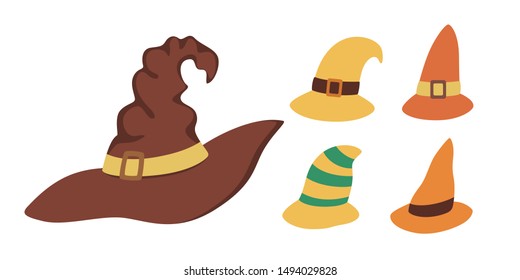Halloween hat set. Collection of magic witch hat, wizard accessory. Isolated vector illustration in flat style