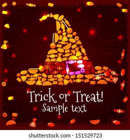 Halloween hat silhouette from candies and sweets on the grunge background with place for your text. Vector.