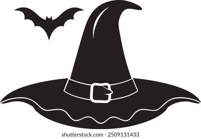 Halloween Hat Silhouette Vector Isolated on White Background, Halloween Costumes with Bats and Hat