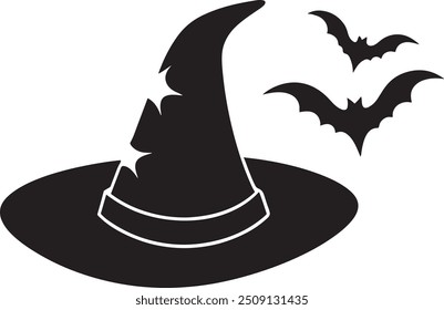 Halloween Hat Silhouette Vector Isolated on White Background, Halloween Costumes with Bats and Hat
