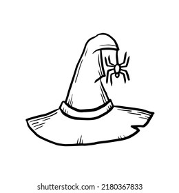 Halloween hat with spider doodle design element. Black and white hand drawn witch scary symbol. Line art contour with hatching