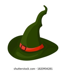 Halloween hat vector illustration in flat style. Witch's green hat on white background.