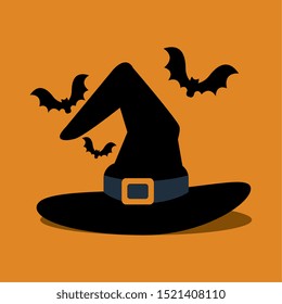 halloween hat of witch and bats flying vector illustration design