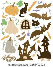 Halloween hats autumn holiday set coloring drawn by hand separately on a white background elements orange and purple colors magi