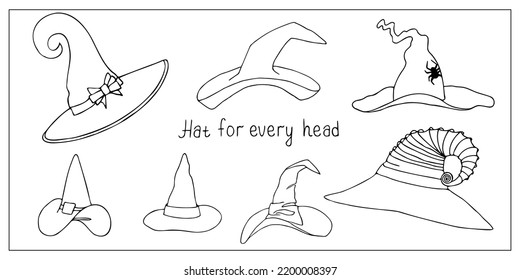 Halloween hats. Collection of han-drawn doodle illustrations of witch hats.  Halloween decoration.