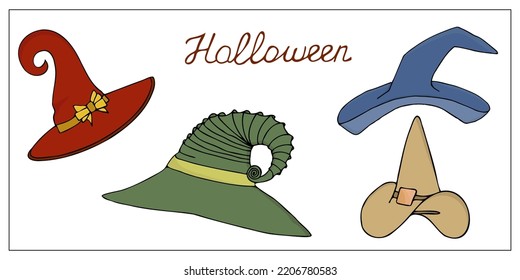 Halloween hats. Collection of han-drawn doodle illustrations of witch hats.  Halloween decoration.