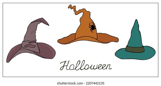 Halloween hats. Collection of han-drawn doodle illustrations of witch hats.  Halloween decoration.