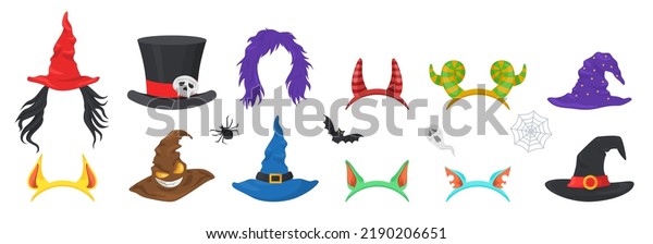 Halloween hats,\
headband and caps vector set. Spooky carnival headwear. Funny\
festival headgear. Witchcraft and fantasy animal masquerade\
accessory isolated on white\
background